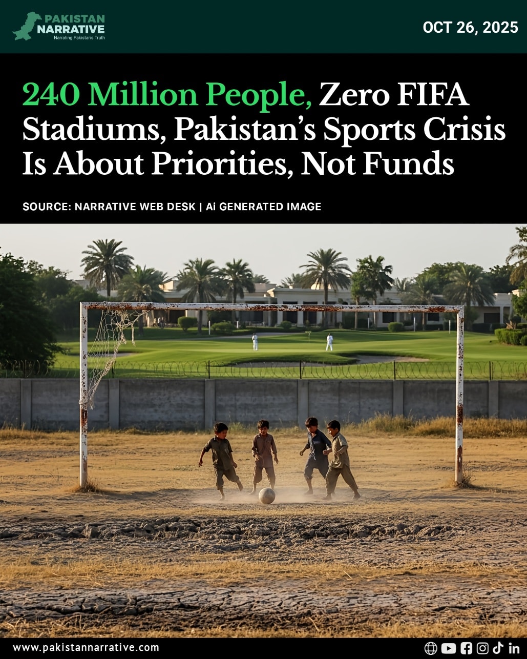 Despite being home to over 240 million people, Pakistan lacks internationally approved sports infrastructure across major disciplines. 
The country has no FIFA-approved football stadium, no IBA-approved boxing venue, and only one ITF-approved tennis court. In cricket, just four ICC-approved test centers exist nationwide.
Ironically, while there are 48 international-standard golf courses, most remain inaccessible to the general public.
Observers say this isn’t a matter of funding — it’s about misplaced priorities. 
Experts argue that if Pakistan truly aims to compete globally, its sports policy must shift focus from serving elite circles to developing facilities and opportunities for the public.
Disclaimer:
This news is for informational and public awareness purposes only.
#PakistanSports #SportsDevelopment #FIFA #ICC #ITF #Boxing #Cricket #Tennis #PublicAccess #policychange