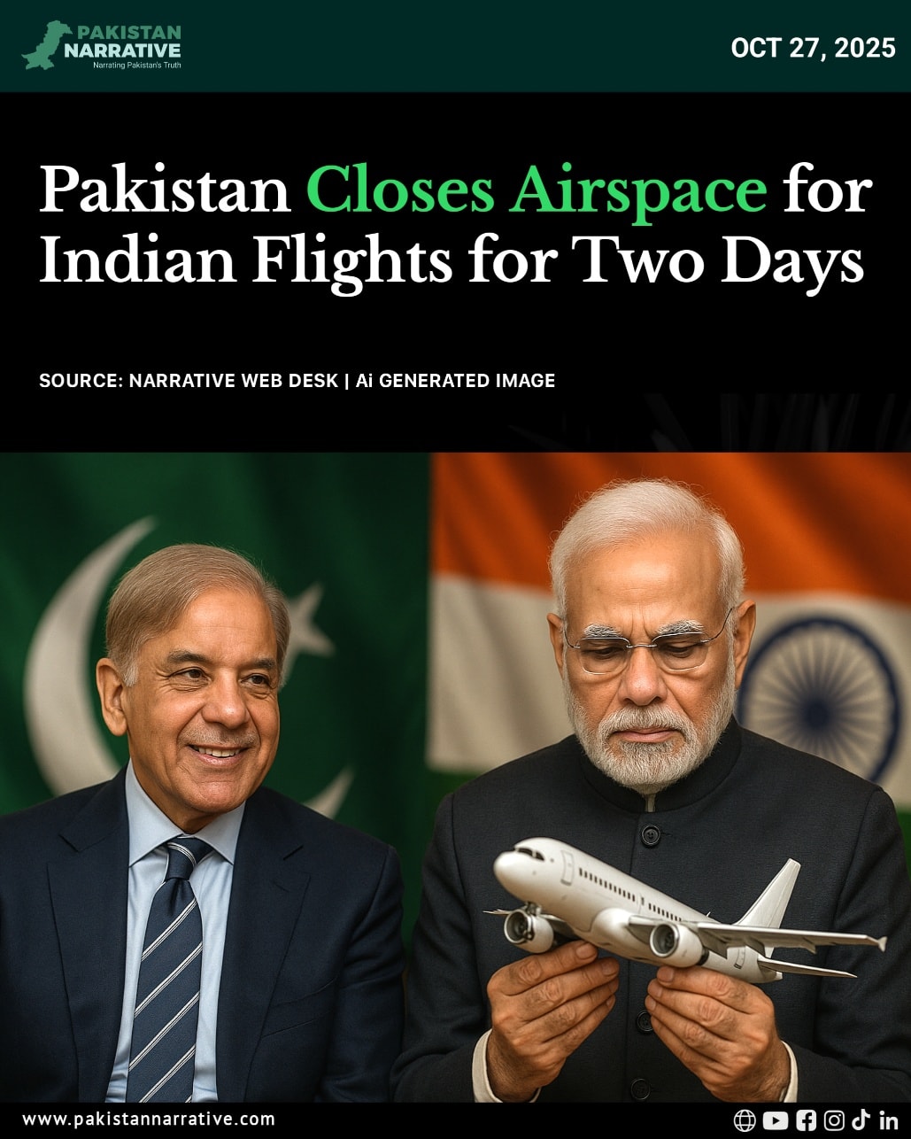 Pakistan has temporarily shut its airspace to Indian aircraft for 48 hours, reportedly due to security and operational concerns. 
The move comes amid heightened regional tensions and ongoing diplomatic unease between the two neighbors. 
Official clarification from both sides is awaited.
Disclaimer:
This content is shared for informational and journalistic purposes only.
#Pakistan #India #aviationalert  #BreakingNews #AviationUpdate #PakistanIndiaTensions #GeoPolitics #SouthAsia #BreakingNow #AviationAlert