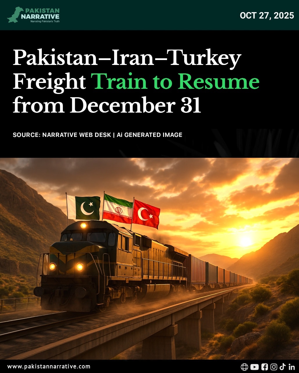 Pakistan will restart the Islamabad–Tehran–Istanbul (ITI) freight train service from December 31, 2025 — reconnecting trade routes across South Asia, Iran, and Türkiye after three years. 
Federal Minister Hanif Abbasi said the revived project will boost regional commerce, with new rail links to Kazakhstan also in the pipeline. 
Pakistan Railways, which earned Rs4.5 billion from cargo operations, is gearing up for more international expansion.
Disclaimer:
This news is shared for informational and journalistic purposes only.
#PakistanRailways #PakistanIranTurkey #ITITrain #RegionalTrade #CPEC #HanifAbbasi #RailwayRevival #PakistanDevelopment #TradeCorridor #cargooperations