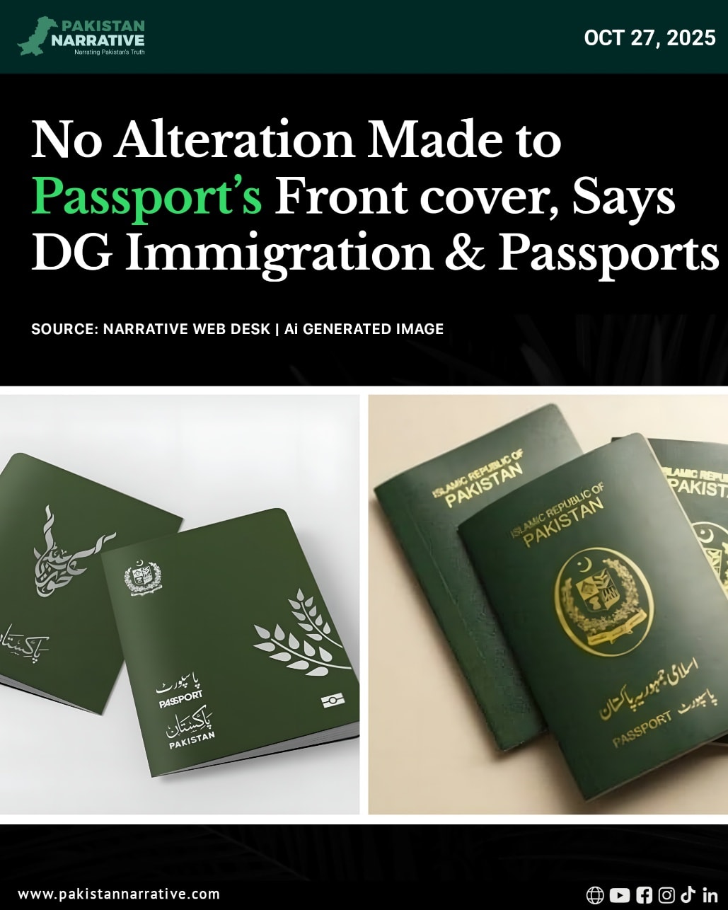 The Directorate General of Immigration and Passports has strongly refuted rumors circulating on social media regarding alleged changes to the Pakistani passport’s design.
🔗 Read Details: Link in the comment
#PakistanPassport #NewDesign #EPassport #Pakistan2025 #DigitalPakistan #GreenPassport #TravelUpdates #IdentityRedefined #ModernPakistan #PakistaniPride #PassportUpgrade #InnovationInDesign #PakistanNews