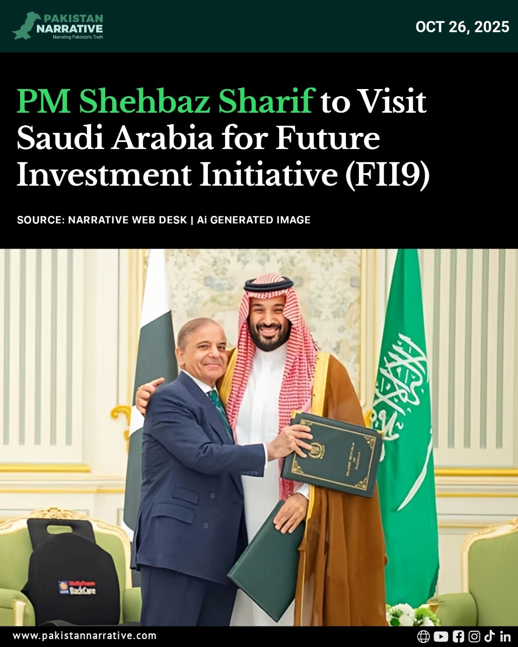 Prime Minister Shehbaz Sharif will undertake an official visit to Saudi Arabia from October 27 to 29 at the invitation of Crown Prince and Prime Minister Mohammed bin Salman to attend the ninth edition of the Future Investment Initiative (FII9), the Foreign Office announced on Sunday.
🔗 Read Details: Link in the comment
#ShehbazSharif #SaudiArabia #FII9 #FutureInvestmentInitiative #MohammedBinSalman #PakistanSaudiRelations #DiplomaticVisit #InvestmentSummit #Pakistan #SaudiArabiaVisit #EconomicCooperation #GlobalInvestment #RiyadhSummit