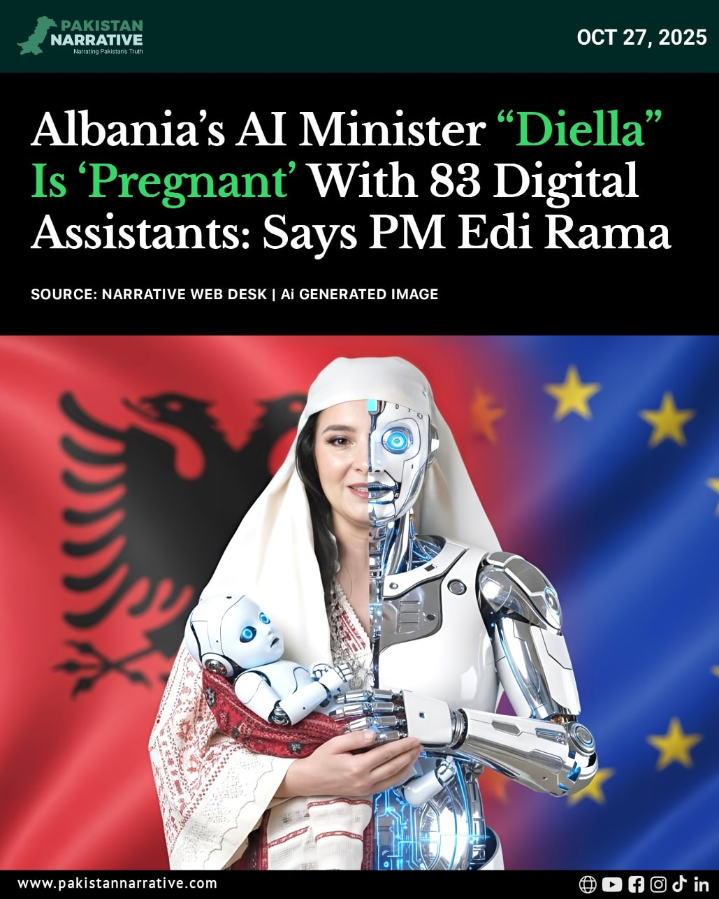 Albania’s Prime Minister Edi Rama surprised the audience at the Berlin Global Dialogue by announcing that the country’s AI minister, Diella, is “pregnant with 83 children.” 
The remark, though metaphorical, refers to Diella’s upcoming rollout of 83 digital AI assistants — each designed to support members of parliament with real-time data, reports, and communication tasks. 
The initiative marks another bold step in Albania’s push to integrate artificial intelligence into governance and reduce corruption.
Disclaimer:
This content is shared for informational and journalistic purposes only.
#Diella #AIMinister #Albania #EdiRama #ArtificialIntelligence #TechInPolitics #DigitalGovernance #AIRevolution #FutureOfGovernment #innovationnews