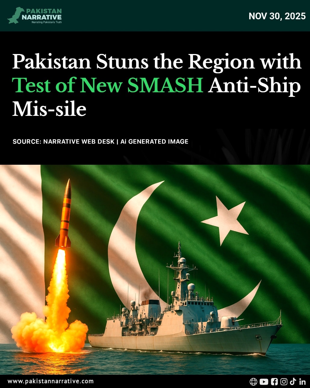 Pakistan has conducted a fresh test of its indigenously developed SMASH anti-ship ballistic mis-sile, reported on November 25, 2025.

The missile is claimed to reach hypersonic speeds (Mach 8) and perform sharp terminal maneuvers to strike maritime targets with high precision.

According to defence officials, the test reinforces Pakistan’s growing naval strike capability and signals a major technological step in securing its maritime interests.

Disclaimer:
The following content is shared for information, awareness and journalist purposes only.

#PakistanNavy #SMASHMissile #Hypersonic #DefenseUpdate #BreakingNews #PakistanMilitary #MaritimeSecurity #NavalPower #PakDefense #MilitaryNews #Mach8 #ArabianSea #SecurityUpdate