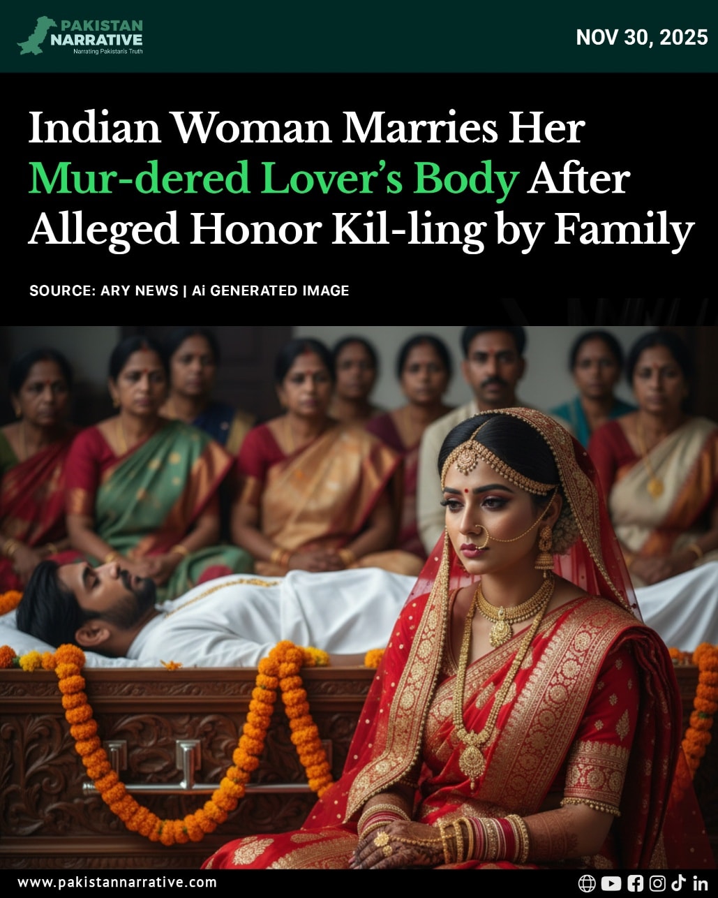 A shocking incident from Maharashtra has gripped India and the region: a young woman performed a symbolic marriage with her murdered lover during his funeral. 

The couple had been in a relationship for years, but her family strongly opposed it due to caste differences.

According to Indian reports, her father and brothers allegedly lured the young man away, bru-tally att-acked him, and kil-led him. 

During the last rites, the woman arrived, applied sindoor to her hairline, performed traditional rituals beside his bo-dy, and declared him her husband.

She has now publicly demanded the De-ath pen-alty for the accused family members and cut all ties with them. 

The case has sparked widespread outrage, raising fresh debates around honor kil-lings, caste-based viol-ence, and women’s rights in India.

Disclaimer:
The following content is shared for information, awareness and journalist purposes only.

source: ARY NEWS